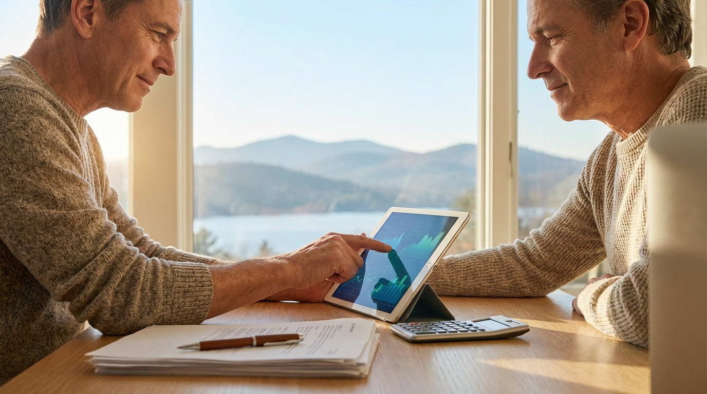 Un homme montre des graphiques financiers sur une tablette à un autre, pour la planification du 3ème pilier, avec documents et calculatrice.