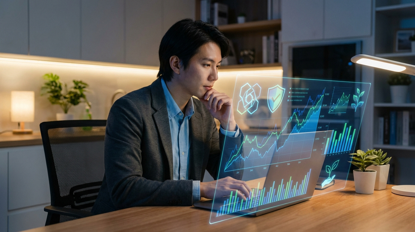 Un homme asiatique concentré regarde un écran holographique affichant des graphiques financiers et des données d'investissement, dans un bureau moderne.