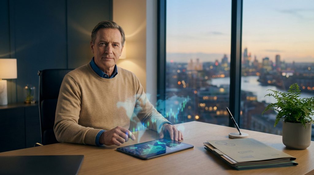 Homme mûr consultant une tablette avec carte du monde et données financières holographiques, skyline urbaine au crépuscule.
