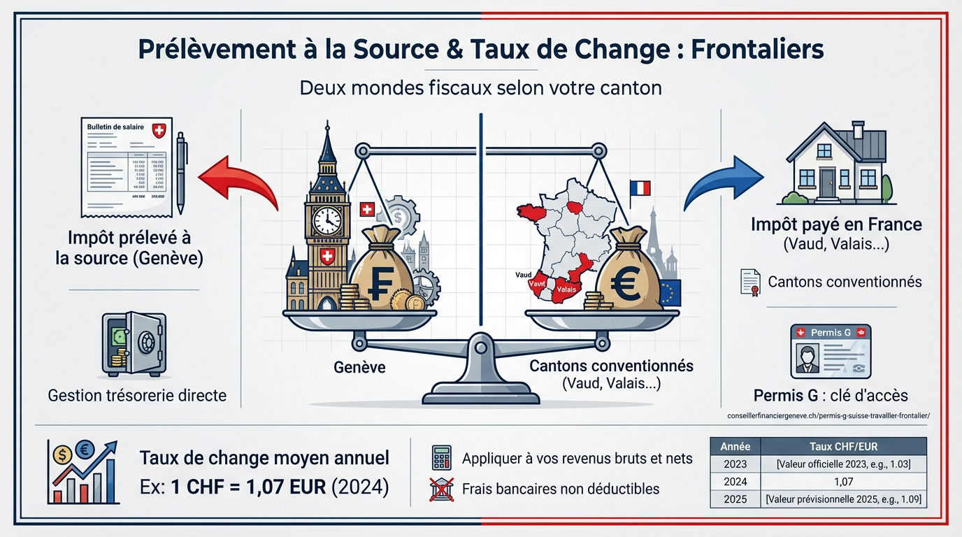 Prélèvement à la source et calcul du taux de change pour les frontaliers franco-suisses