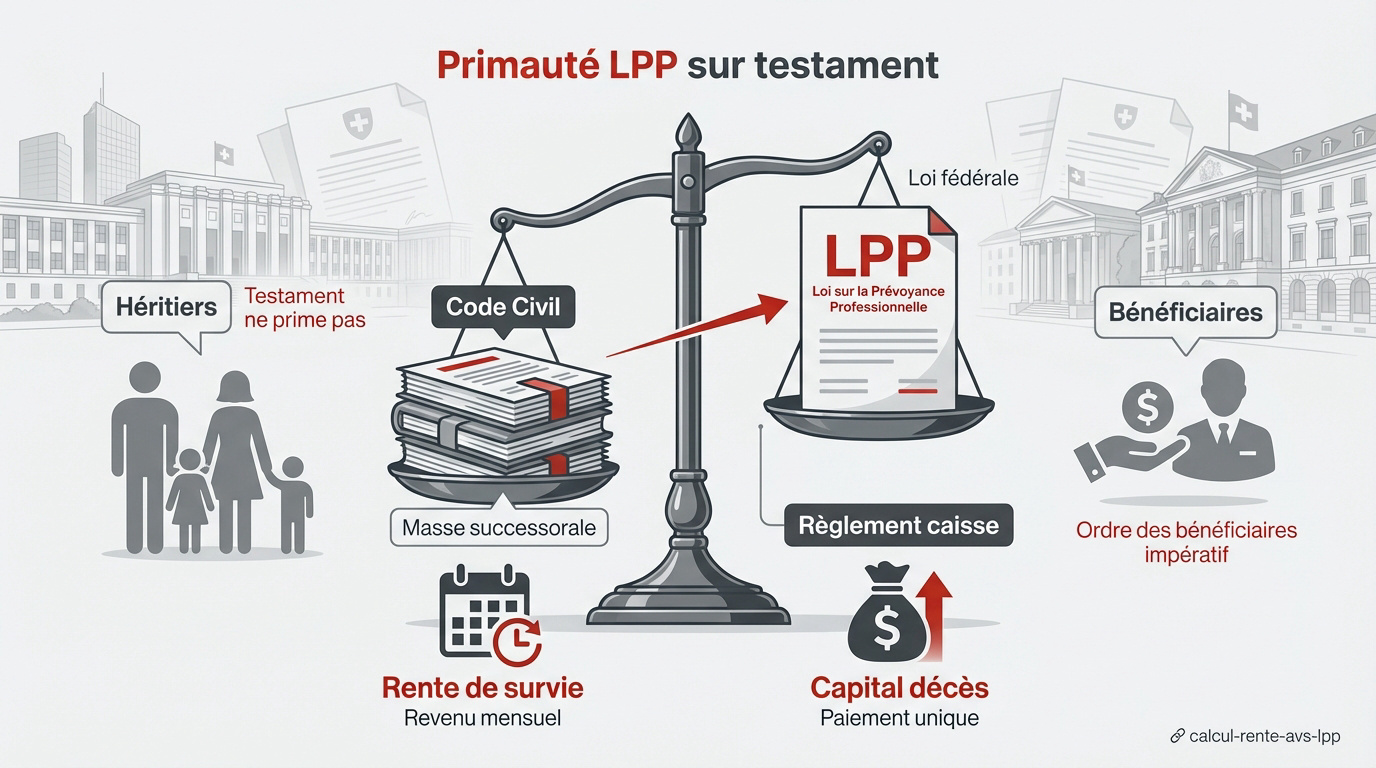 Schéma expliquant la priorité de la LPP sur le droit successoral en Suisse