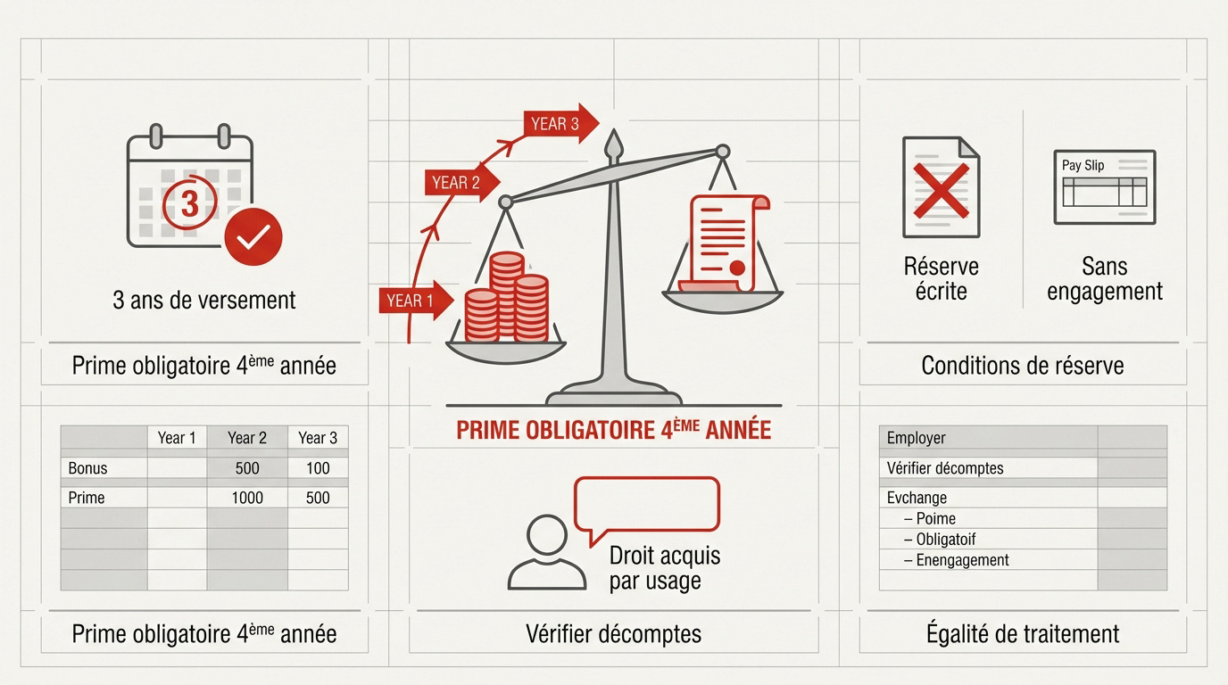 Schéma expliquant la règle des trois ans pour la transformation d'une prime en salaire obligatoire en Suisse