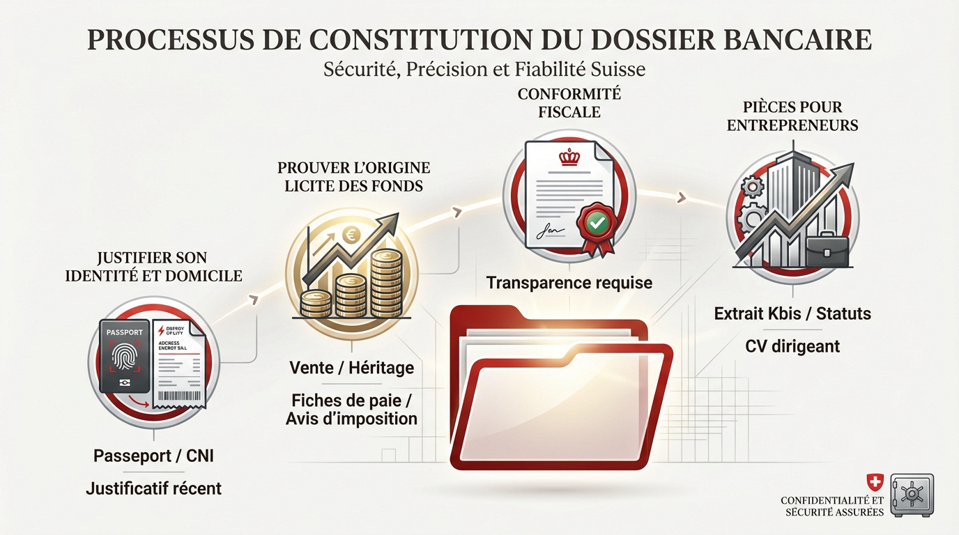 Schéma des étapes de constitution d'un dossier bancaire pour l'ouverture d'un compte en Suisse