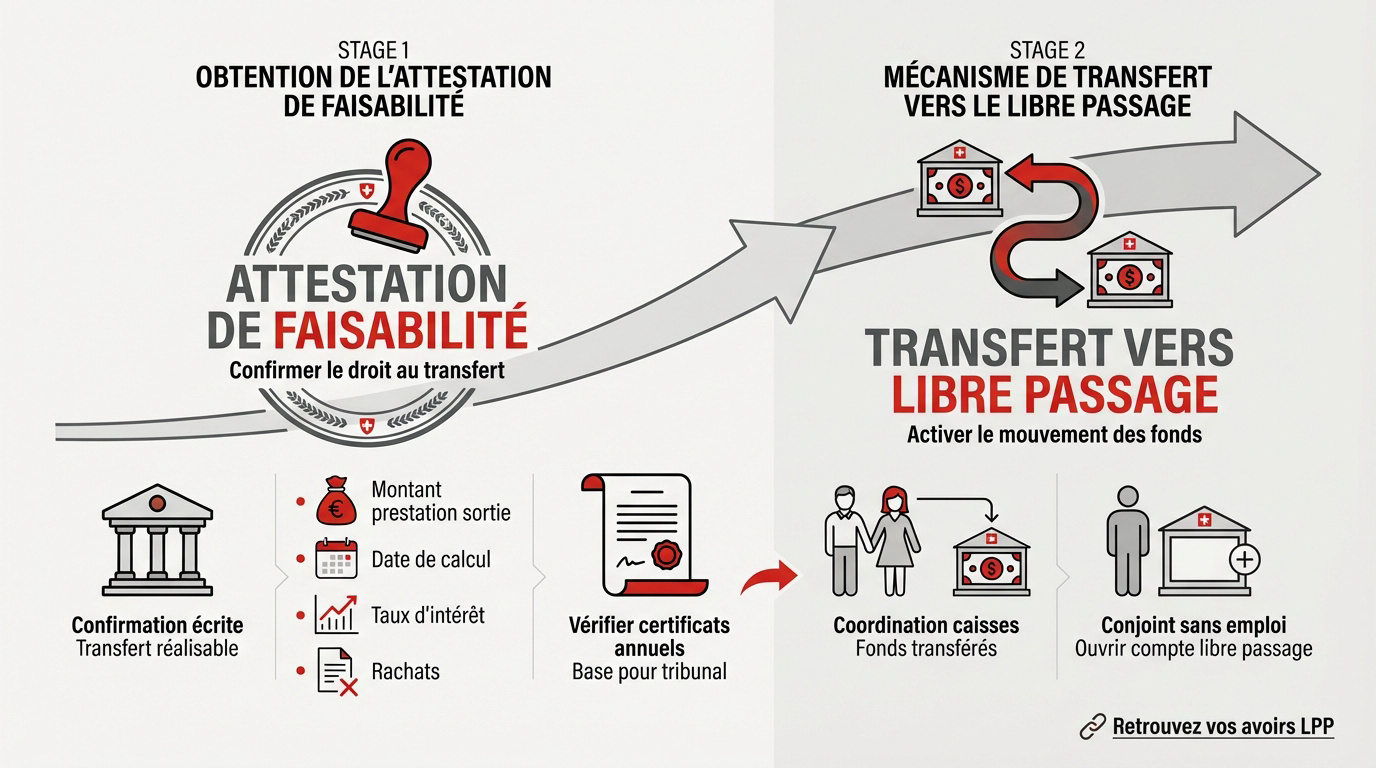 Schéma du processus de transfert des avoirs de prévoyance LPP en Suisse