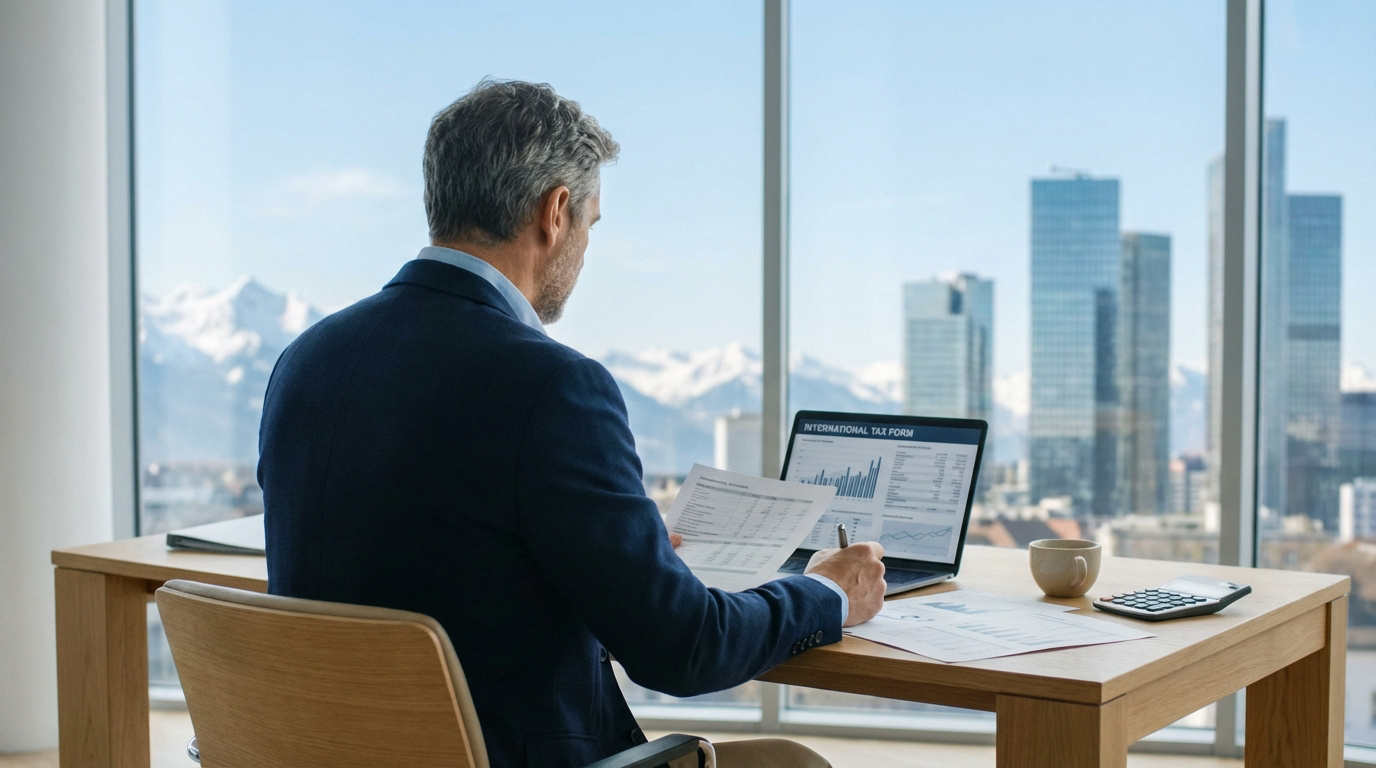 Homme analysant des documents fiscaux internationaux sur ordinateur portable, dans un bureau moderne avec vue sur montagnes enneigées et ville.