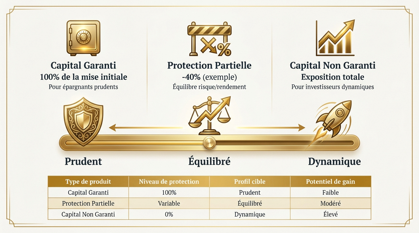 Graphique comparatif des profils d'investissement prudent, équilibré et dynamique pour produits structurés