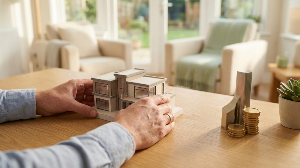 Personne tenant une maquette de maison avec des pièces sur une table, symbolisant l'investissement immobilier et l'épargne.