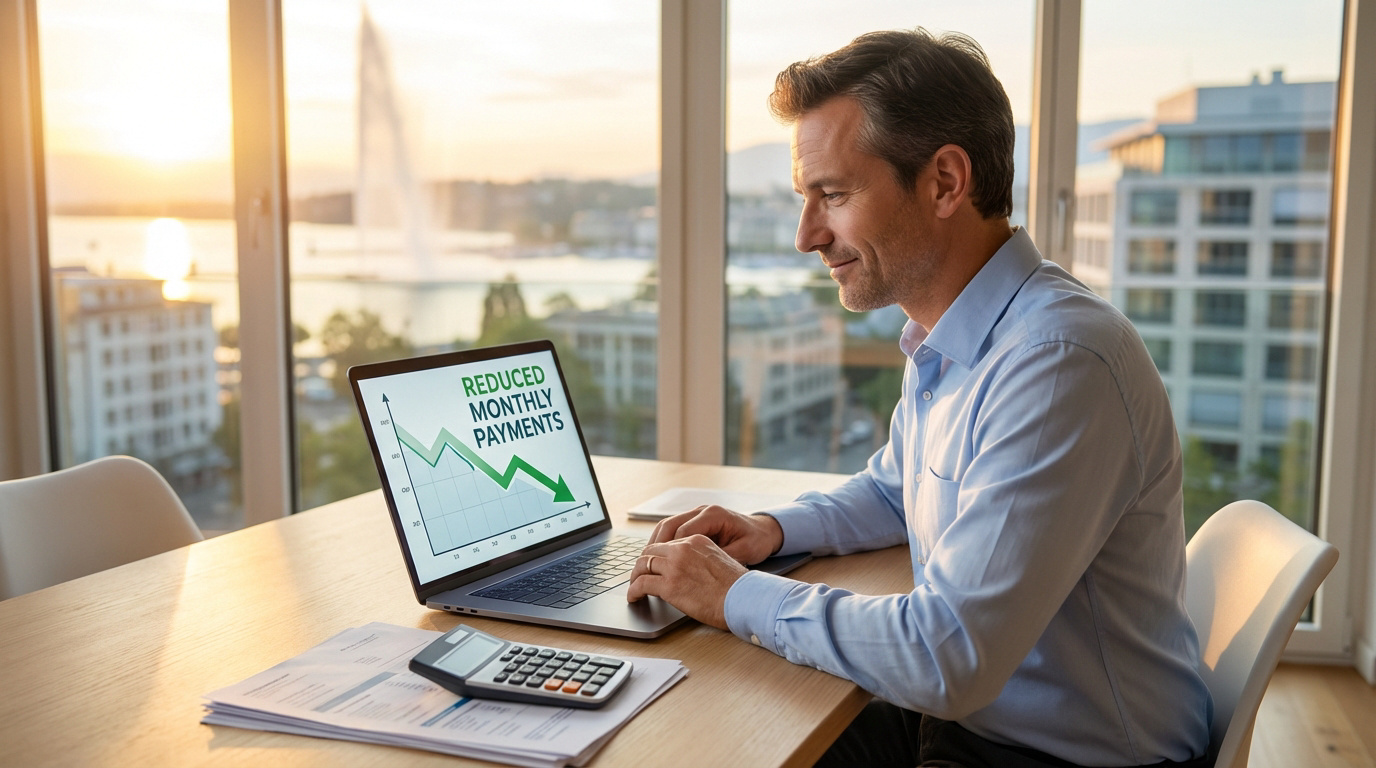Homme souriant à son laptop, l'écran affiche un graphique de "REDUCED MONTHLY PAYMENTS", avec le Jet d'eau de Genève en arrière-plan au coucher du soleil.