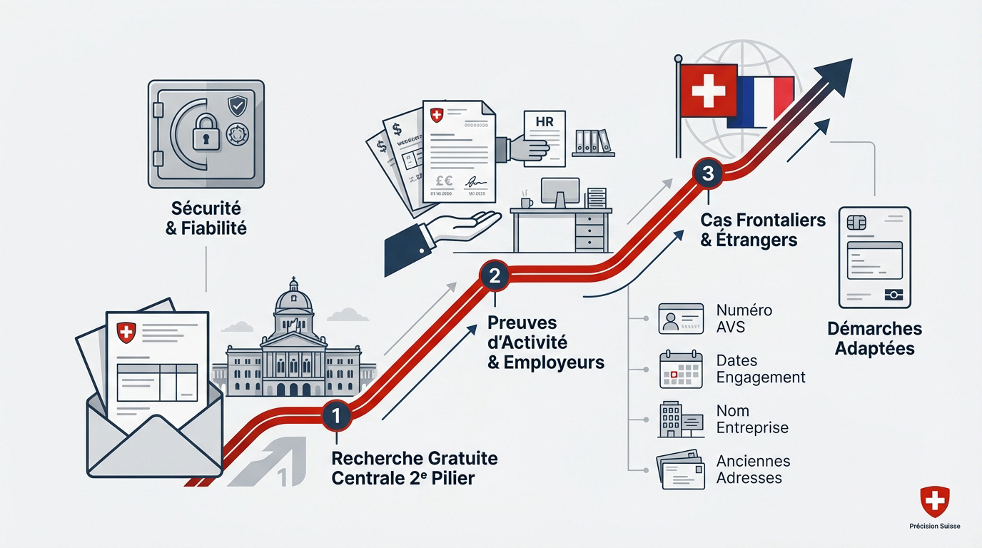Infographie pour retrouver vos avoirs de prévoyance oubliés en Suisse