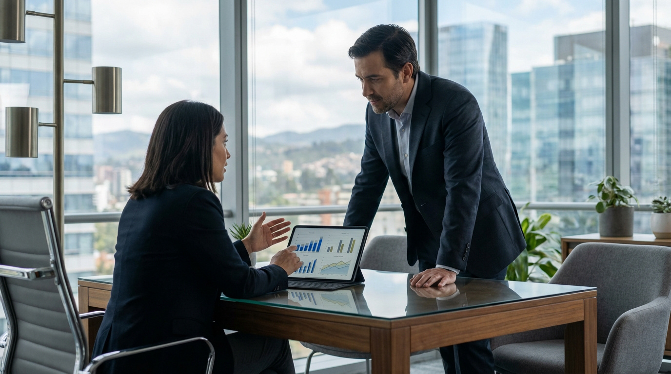 Une conseillère financière et un client en discussion, analysant des graphiques sur tablette dans un bureau moderne avec vue sur la ville.