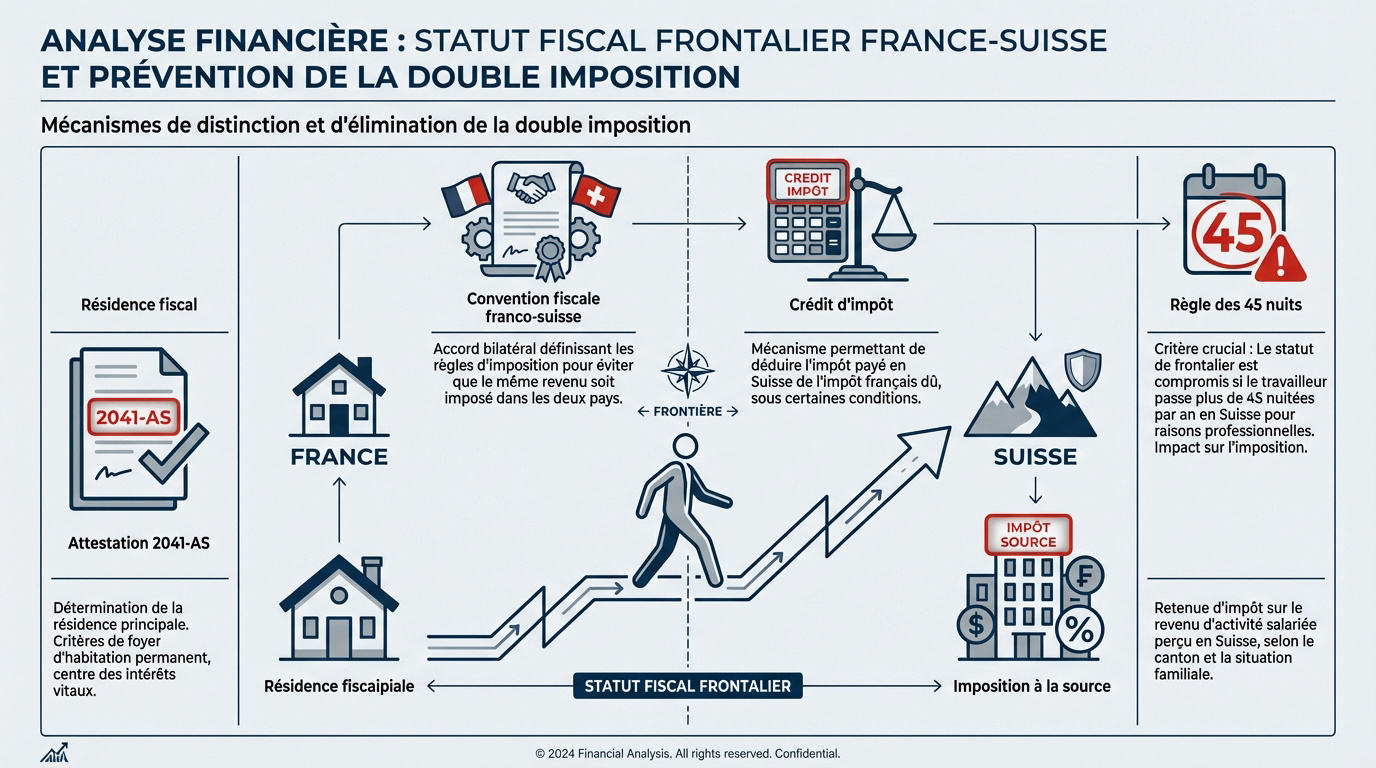 Schéma explicatif du statut fiscal frontalier et des mécanismes de double imposition entre la France et la Suisse
