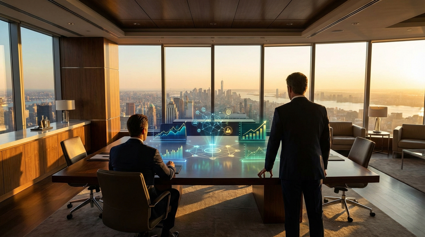 Deux hommes en costume analysant des données financières holographiques sur une table de conférence, vue sur une ville au coucher du soleil.
