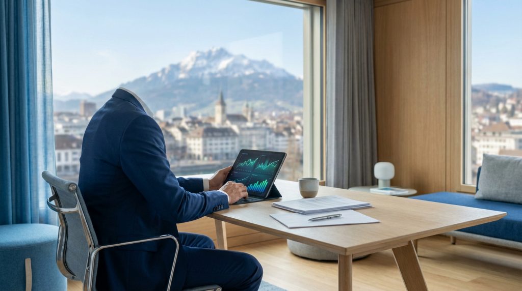Un professionnel analyse des données financières sur tablette, avec vue imprenable sur les montagnes et une ville suisse.