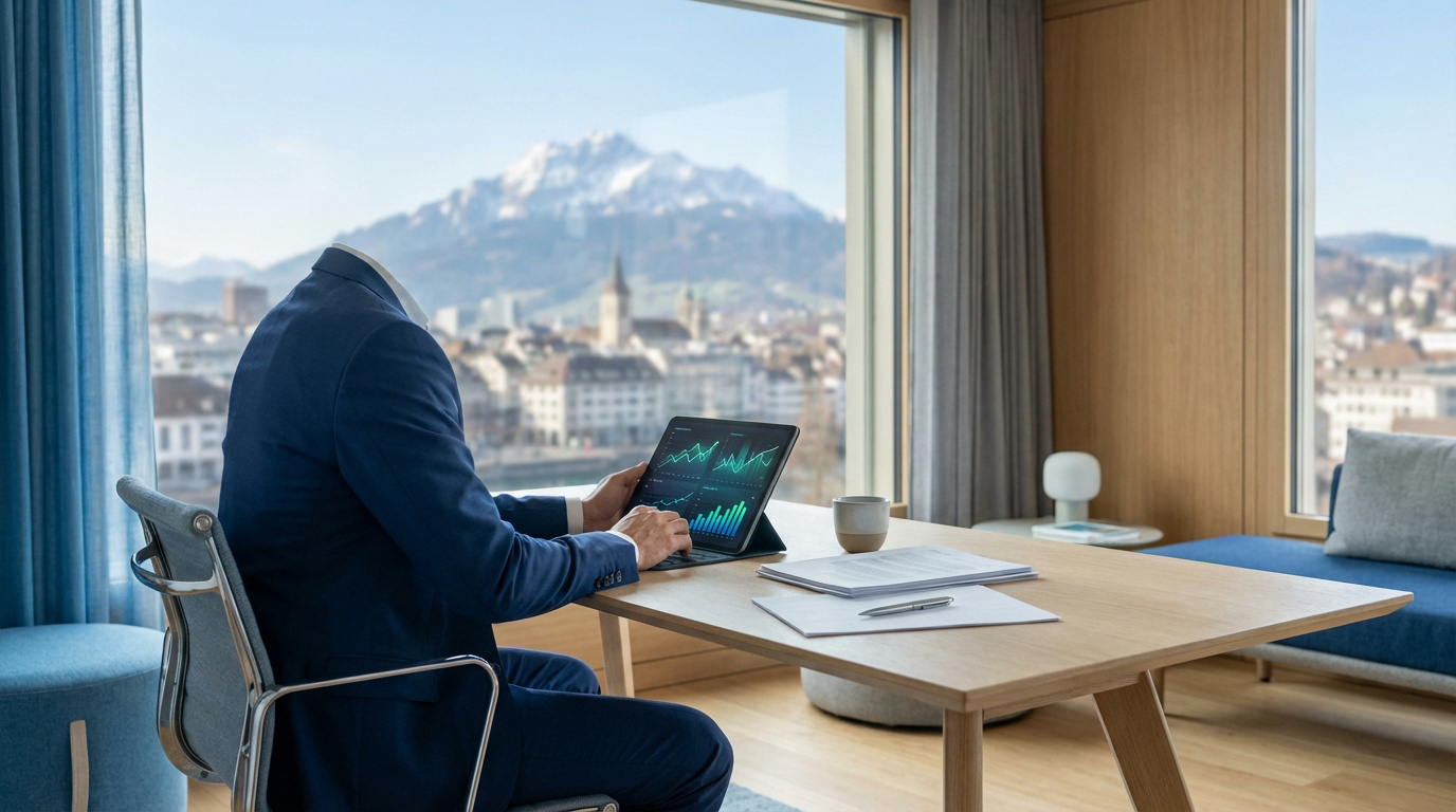 Un professionnel analyse des données financières sur tablette, avec vue imprenable sur les montagnes et une ville suisse.