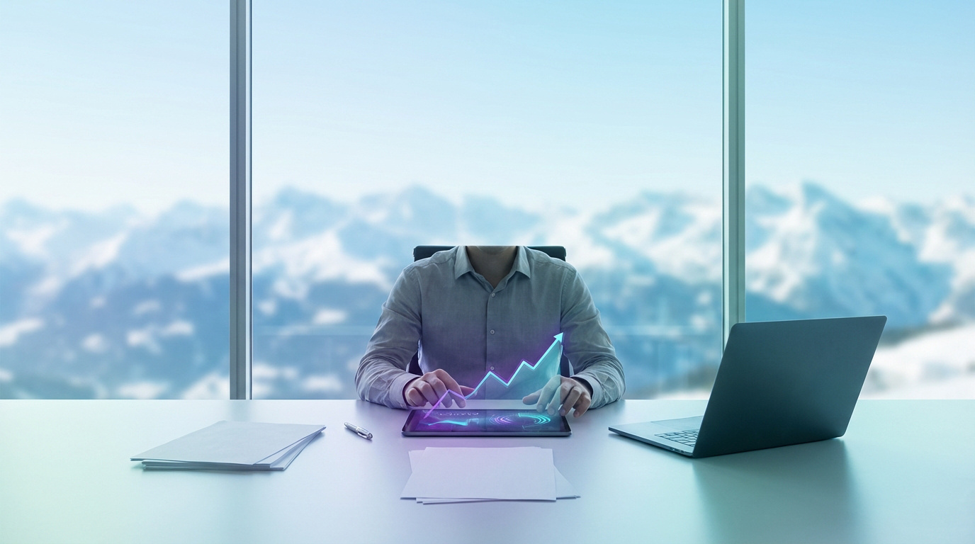 Personne analysant des gains financiers sur tablette avec graphique haussier, devant des montagnes suisses.