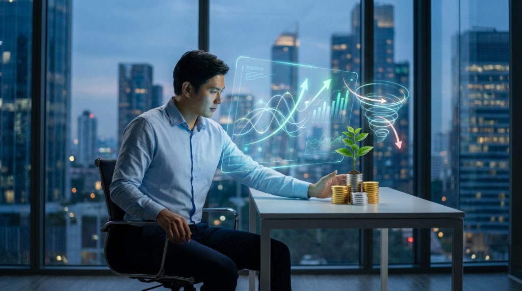 Un homme examine des graphiques financiers holographiques avec des pièces, une plante et un tourbillon symbolisant l'inflation.