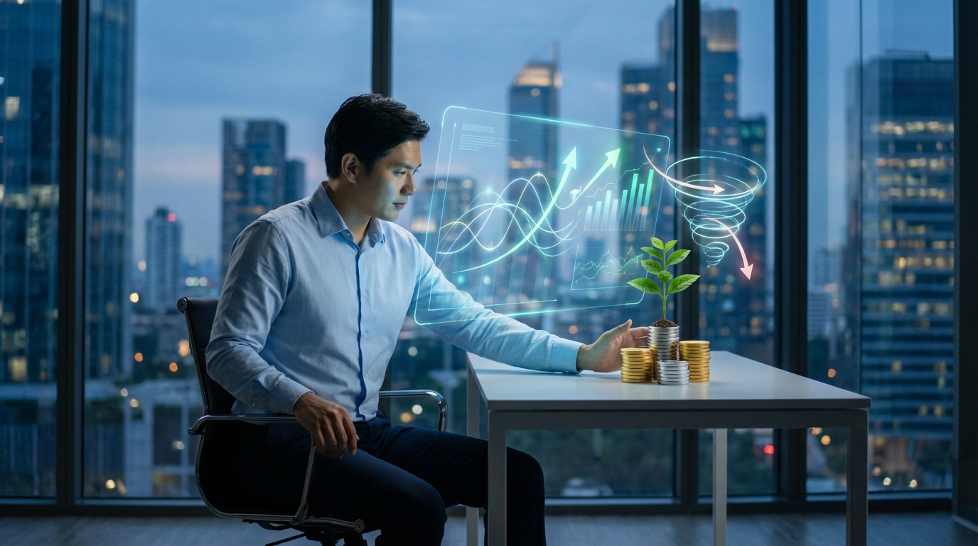 Un homme examine des graphiques financiers holographiques avec des pièces, une plante et un tourbillon symbolisant l'inflation.