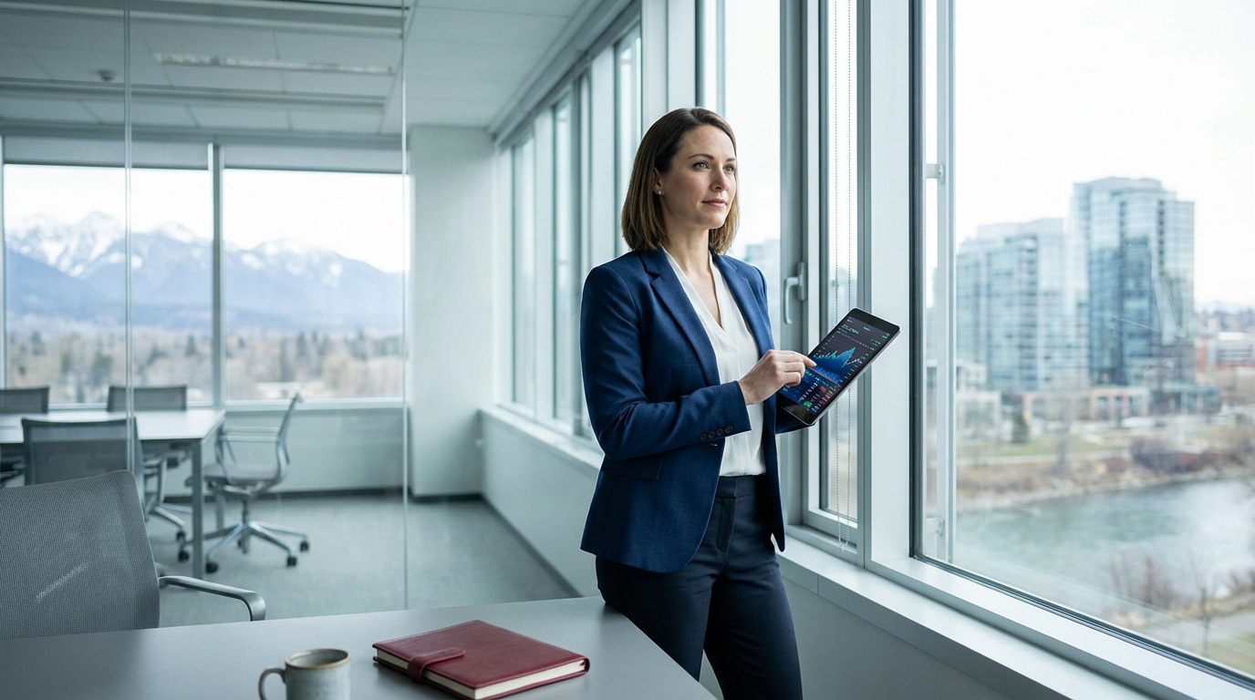 Femme en costume bleu consulte sa tablette avec graphiques financiers, vue sur les Alpes et une ville moderne.