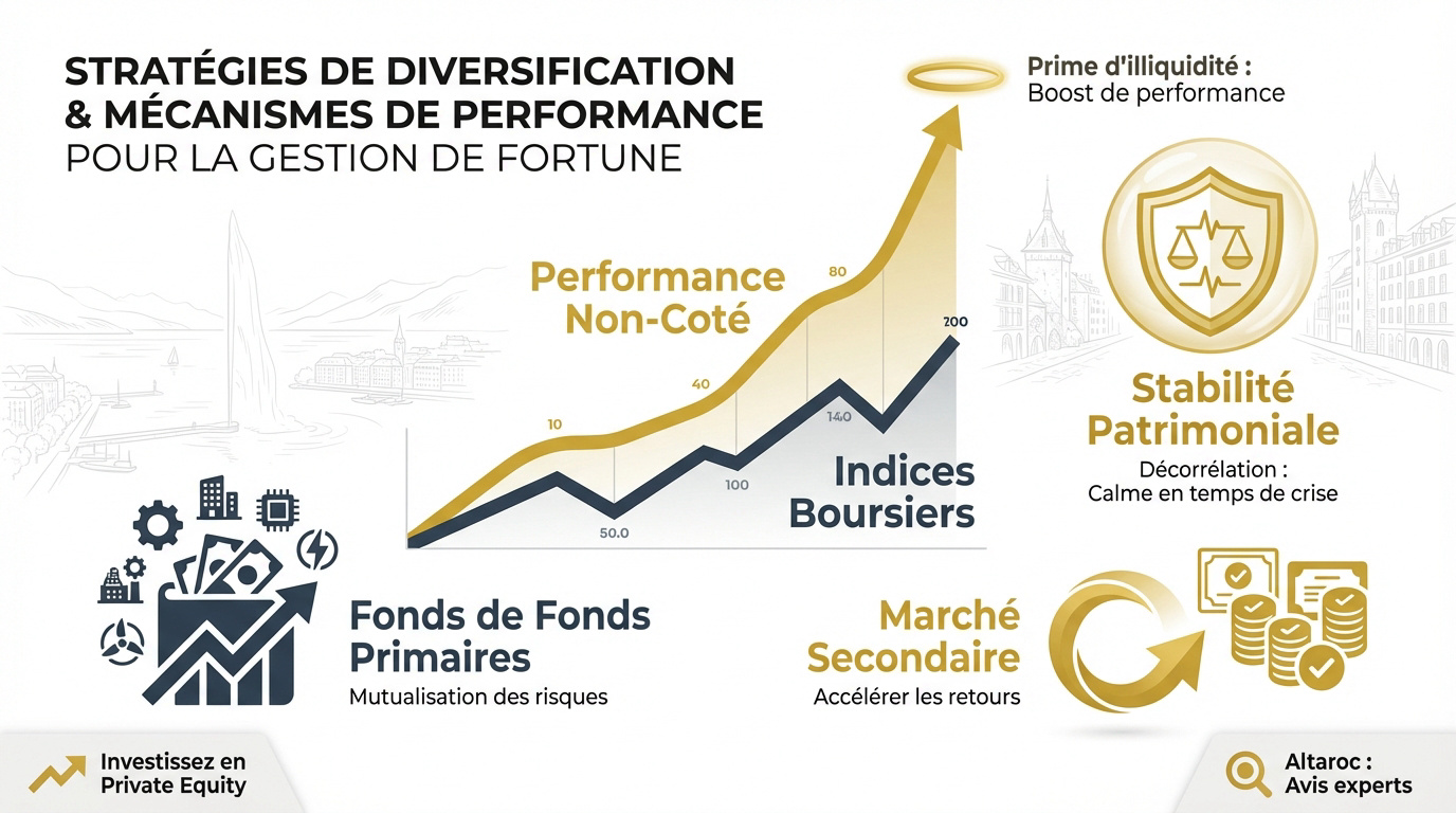 Graphique illustrant les stratégies de diversification en private equity pour la gestion de fortune à Genève