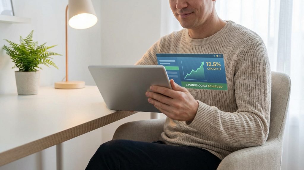 Un homme sourit en consultant sa tablette, affichant une croissance de 12.5% et l'objectif d'épargne atteint.