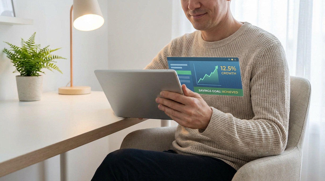 Un homme sourit en consultant sa tablette, affichant une croissance de 12.5% et l'objectif d'épargne atteint.