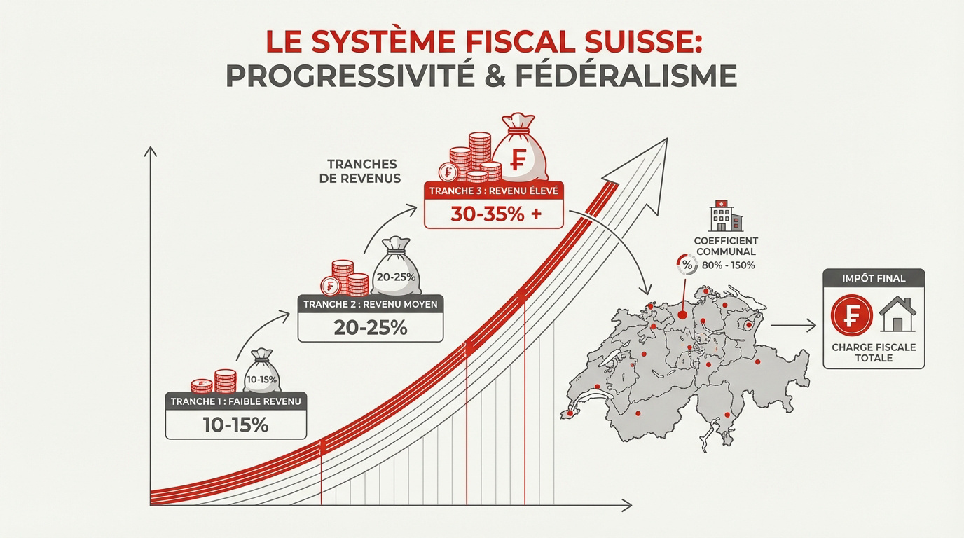Schéma de la progressivité fiscale et du fédéralisme en Suisse