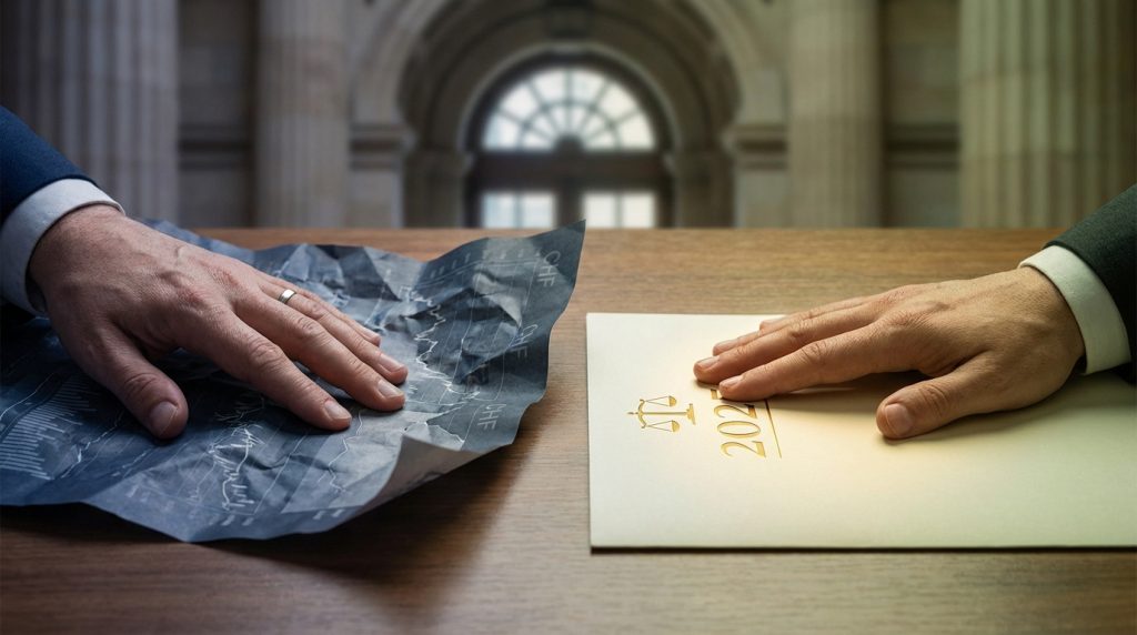 Deux mains sur une table : l'une sur un document financier froissé (CHF), l'autre sur un dossier avec '2025' et la balance de la justice. Contexte juridique.