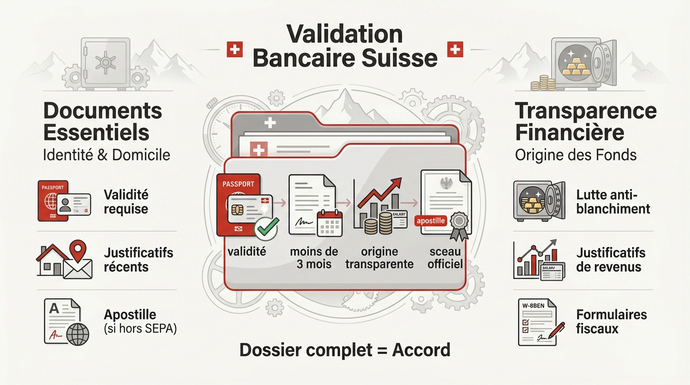 Documents administratifs et transparence pour ouverture de compte en Suisse