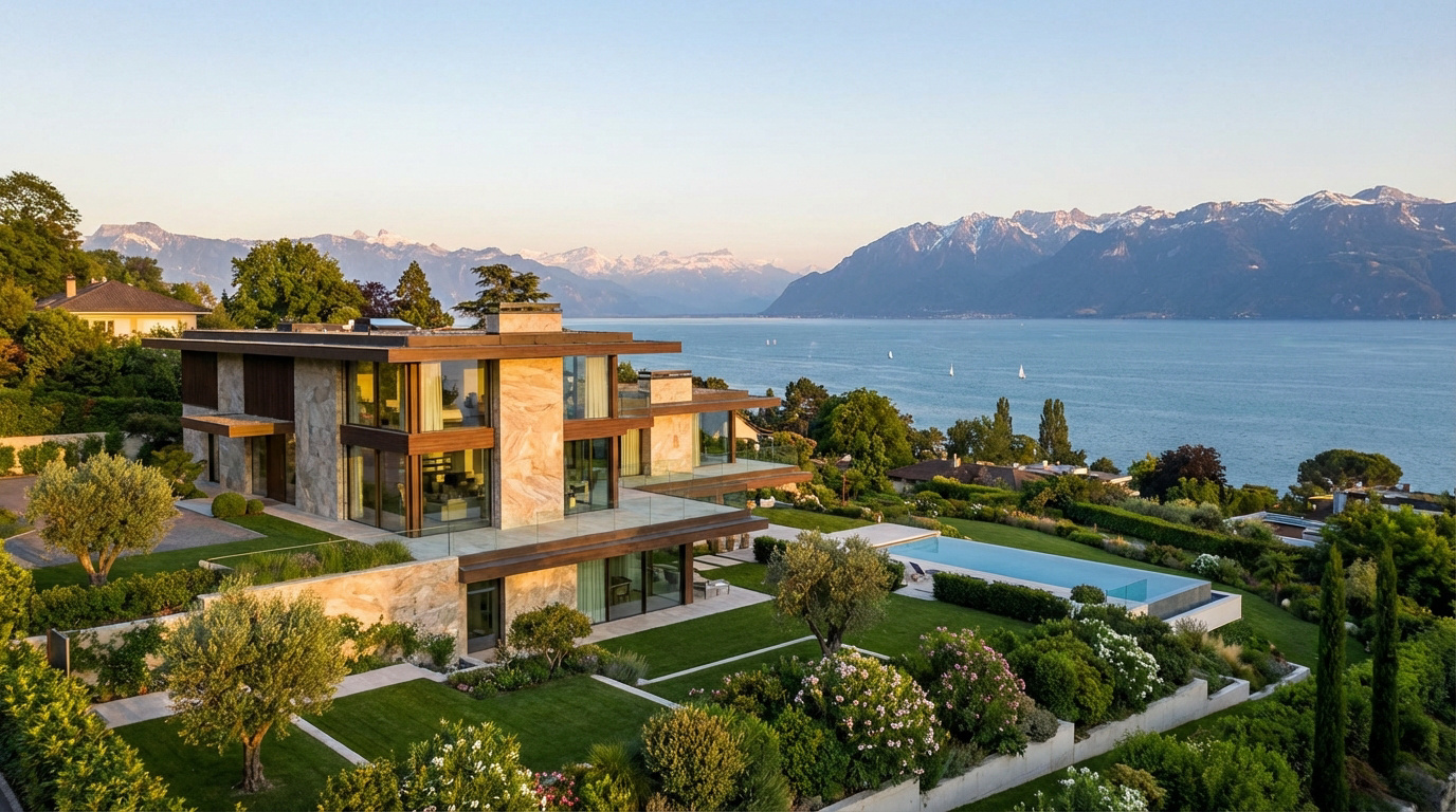Vue aérienne d'une villa de luxe moderne avec piscine et jardins en terrasses, donnant sur le Lac Léman et les montagnes.