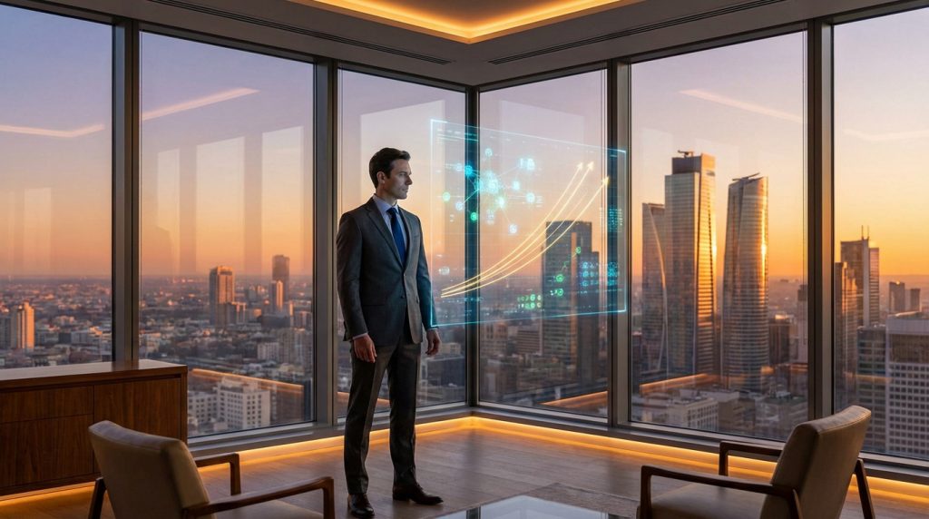 Homme en costume devant une interface holographique de données de croissance, vue sur une ville au coucher du soleil.