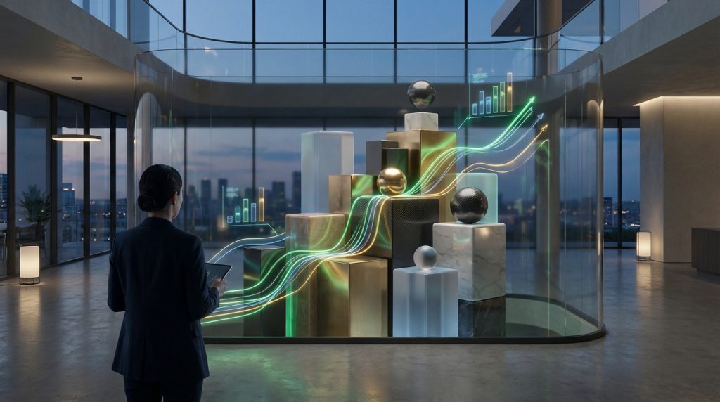 Femme d'affaires face à un écran holographique 3D présentant des graphiques de croissance d'investissement dans un bureau moderne au crépuscule.