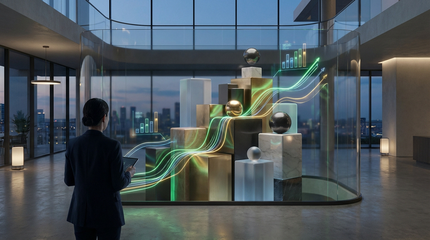 Femme d'affaires face à un écran holographique 3D présentant des graphiques de croissance d'investissement dans un bureau moderne au crépuscule.