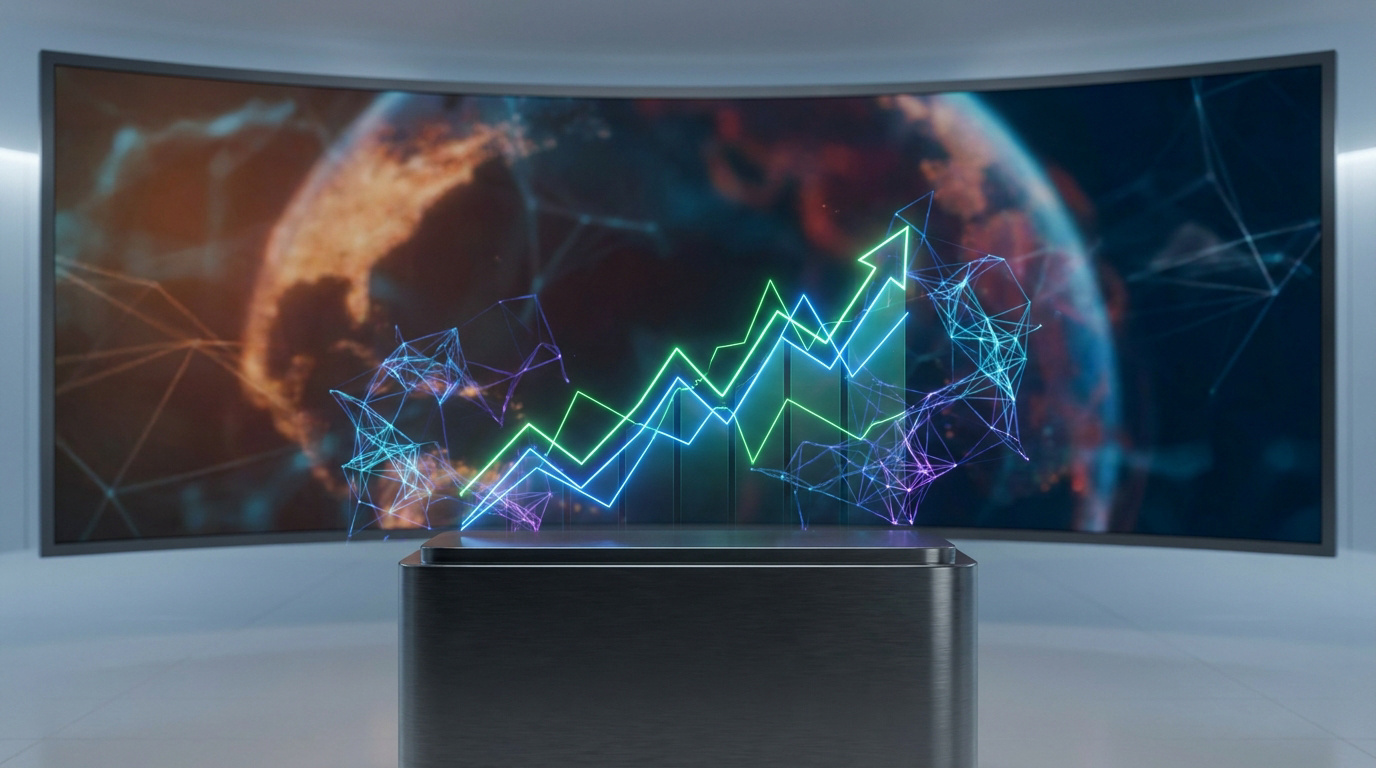 Graphique boursier en néon sur fond de globe numérique montrant la croissance technologique et financière.