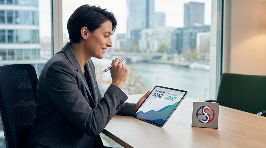 Femme souriante dans un bureau, analysant des données fiscales sur tablette avec formulaires 2042/2047 et graphique de croissance. Vue sur la ville.