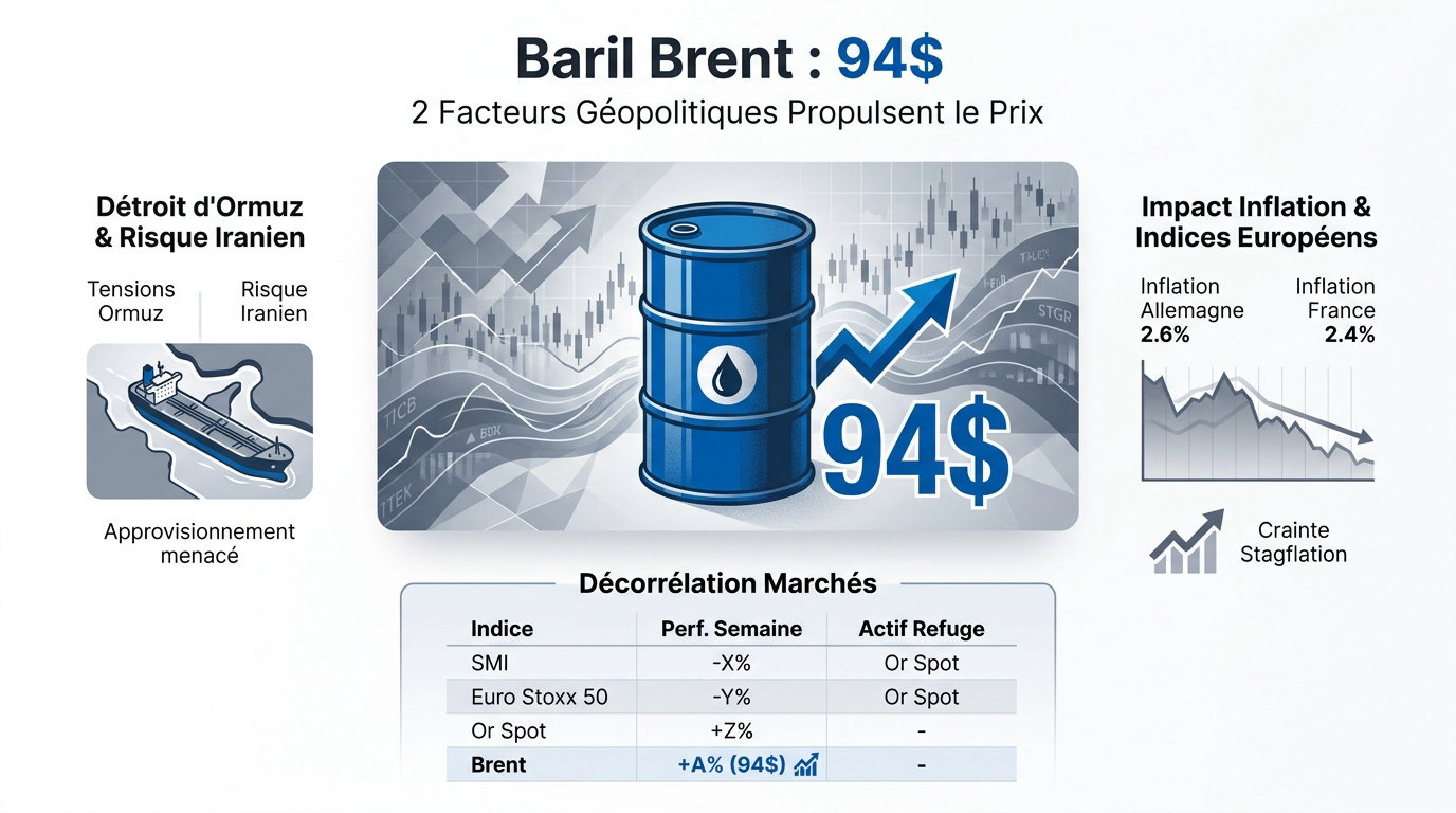 Graphique du baril de Brent à 94 dollars sous tension géopolitique
