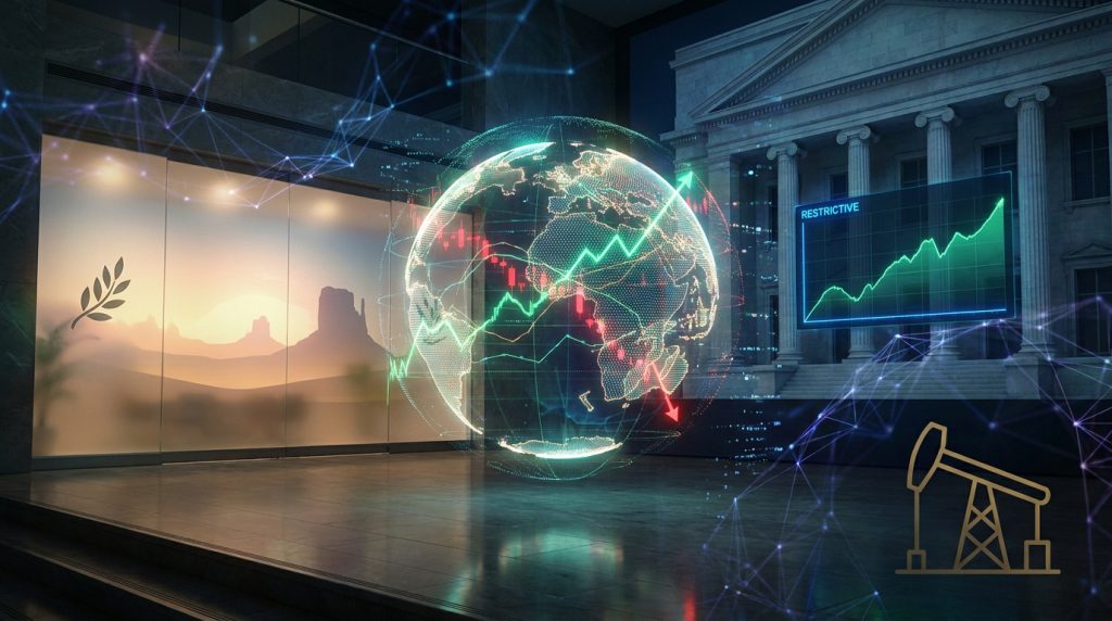 Représentation numérique d'un globe terrestre avec des graphiques financiers devant un bâtiment institutionnel classique.