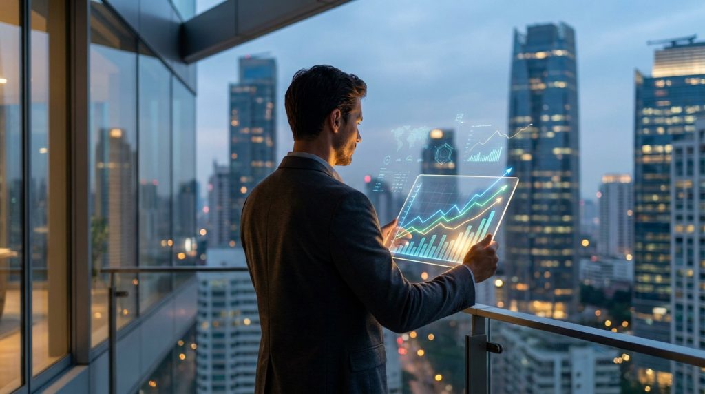 Un homme d'affaires consulte des graphiques financiers en réalité augmentée sur un balcon avec une vue urbaine.