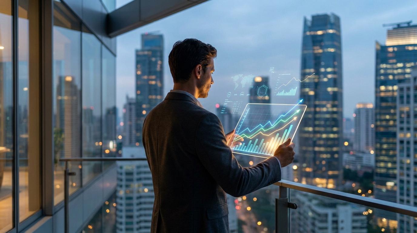 Un homme d'affaires consulte des graphiques financiers en réalité augmentée sur un balcon avec une vue urbaine.