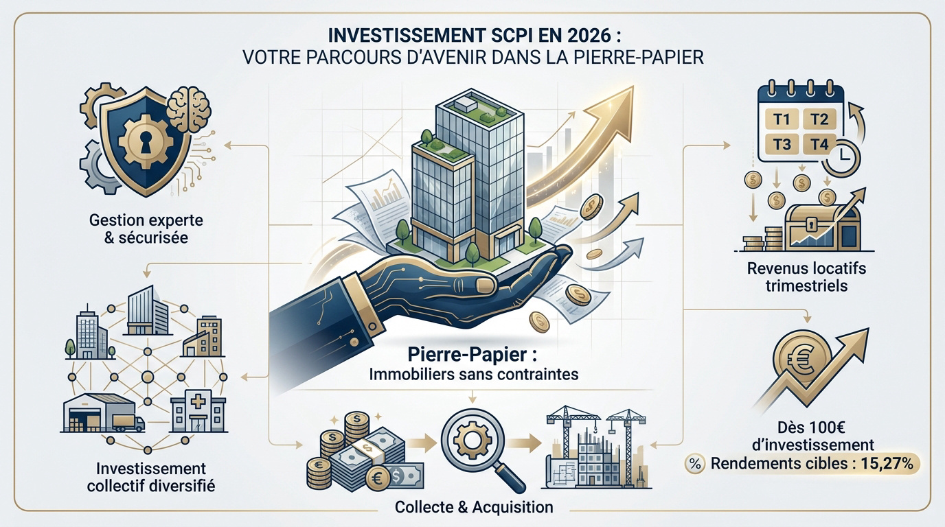 Infographie détaillant le parcours d'investissement en SCPI pour l'année 2026