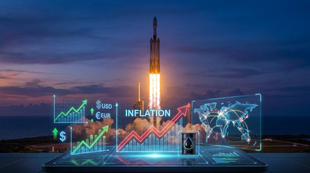 Une fusée décolle derrière des écrans holographiques affichant des graphiques boursiers, l'inflation et une carte du monde.
