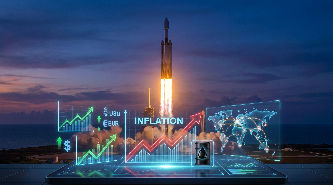 Une fusée décolle derrière des écrans holographiques affichant des graphiques boursiers, l'inflation et une carte du monde.
