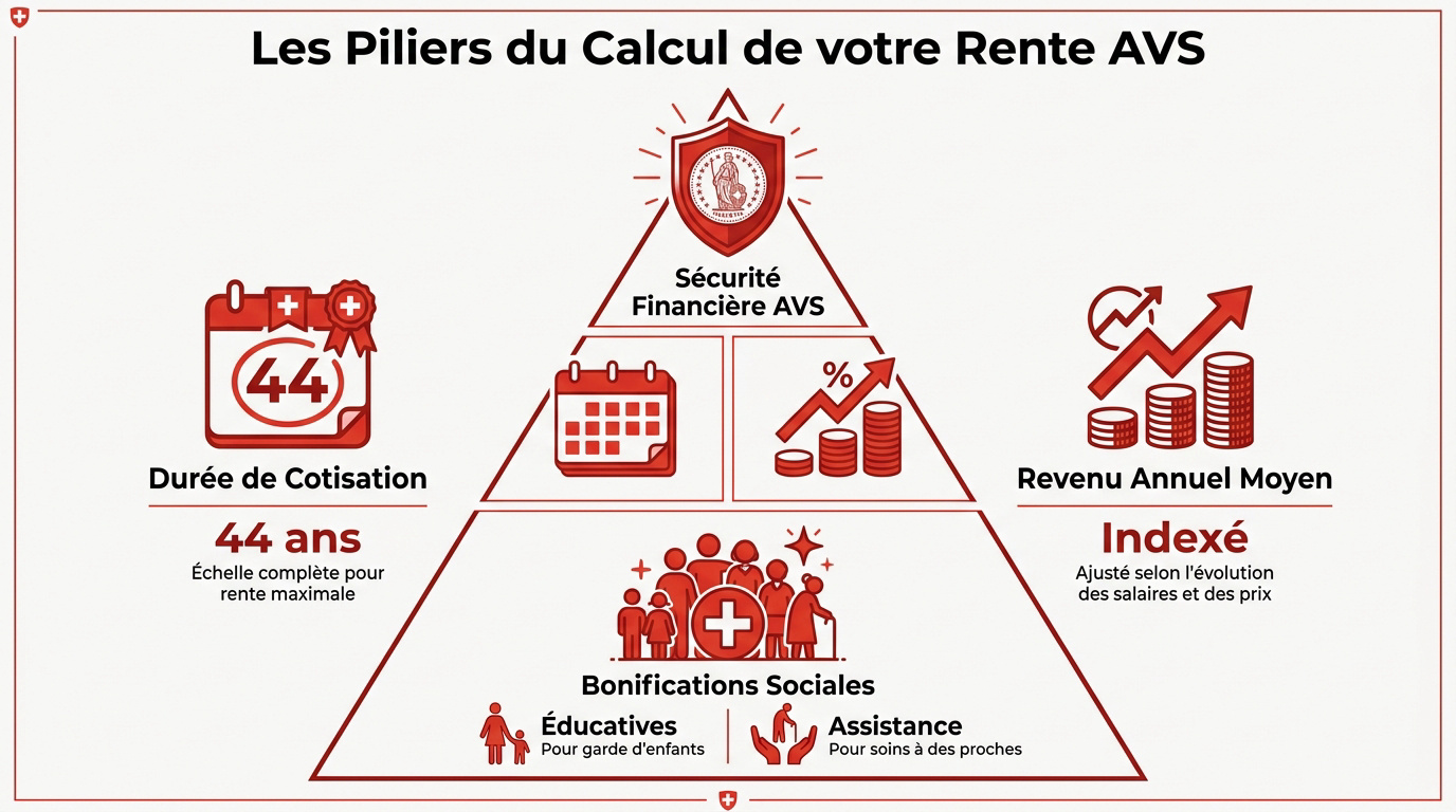 Graphique illustrant les éléments de calcul de la rente AVS en Suisse
