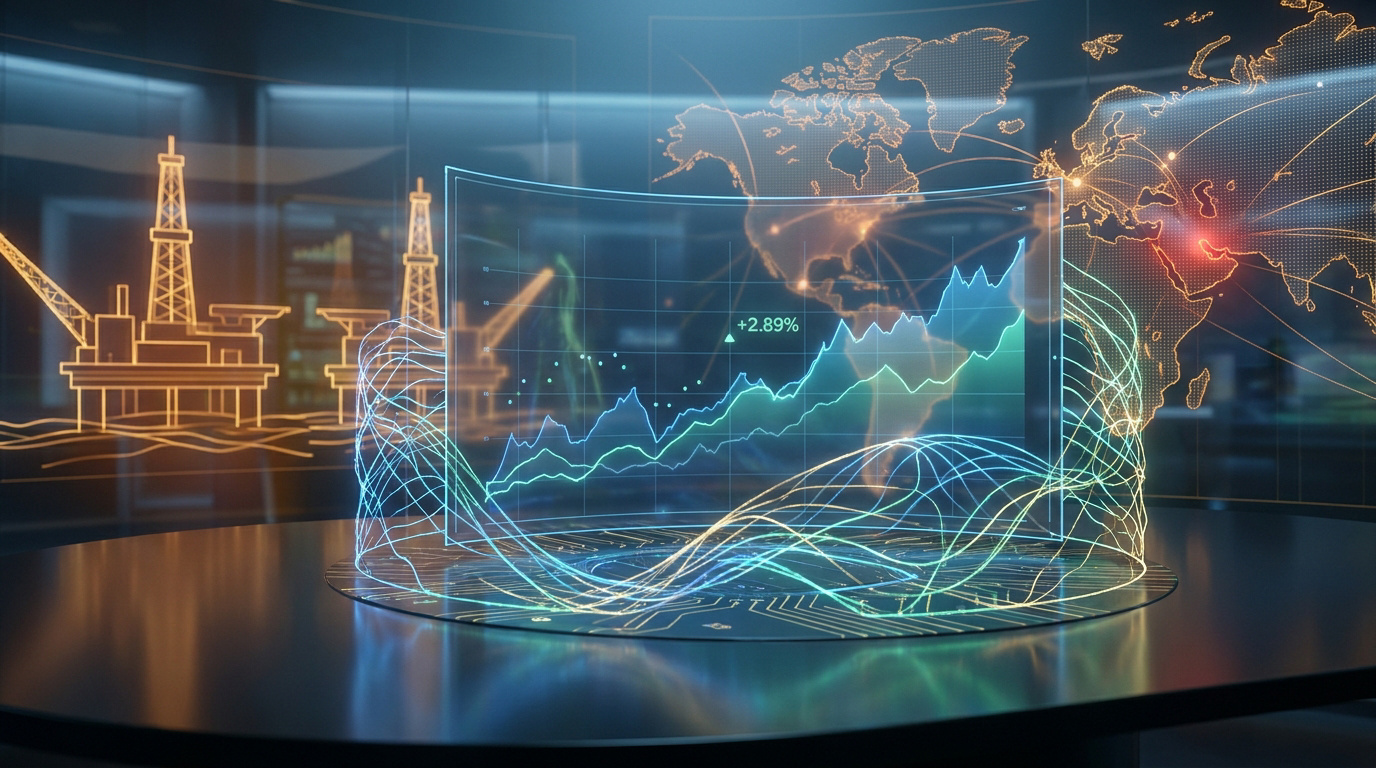 Graphique boursier holographique devant une carte du monde et des plateformes pétrolières sur fond numérique.