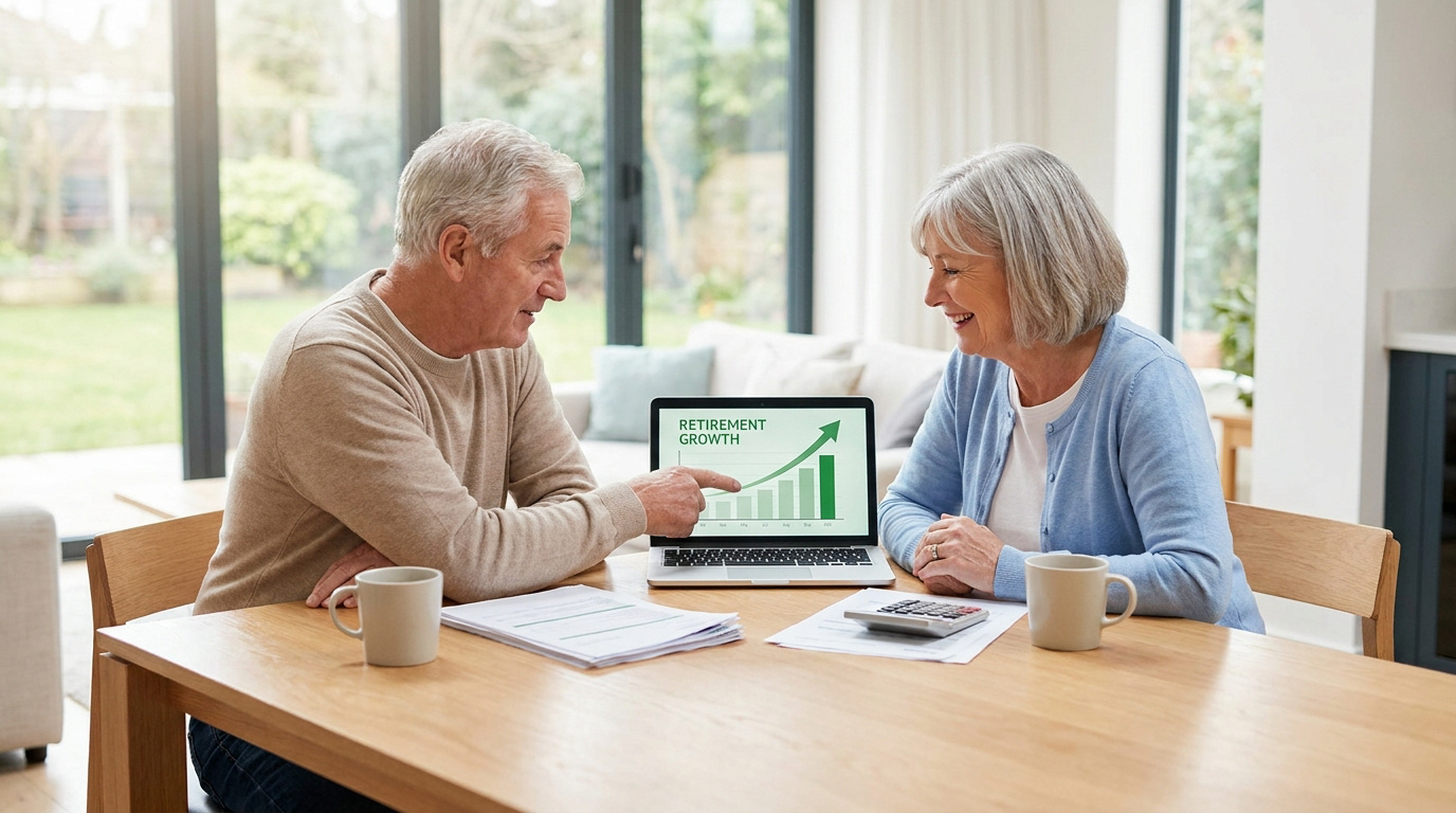 Un couple de retraités regarde un graphique de croissance sur un ordinateur portable à une table.