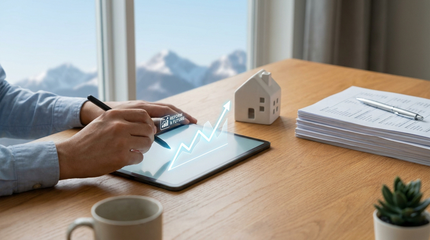 Une personne utilisant un stylet sur une tablette affichant un graphique de croissance avec une miniature de maison à côté.