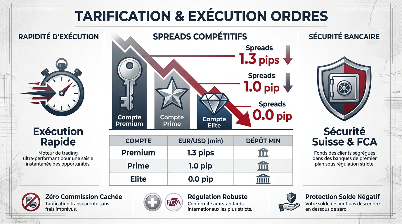 Interface de trading Swissquote affichant les spreads et la vitesse d'exécution