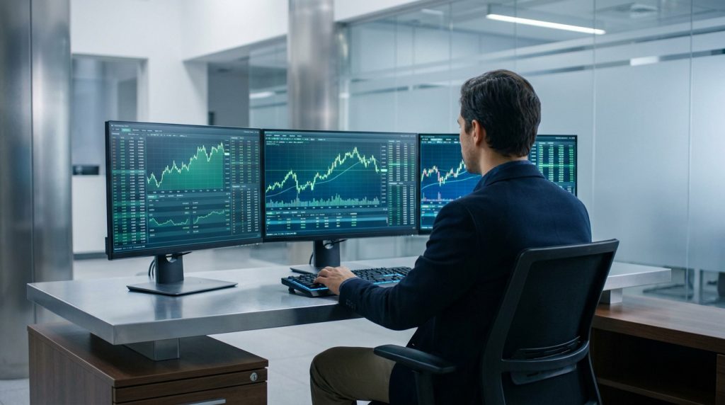 Un trader professionnel de dos travaille devant trois écrans affichant des graphiques boursiers dans un bureau moderne.