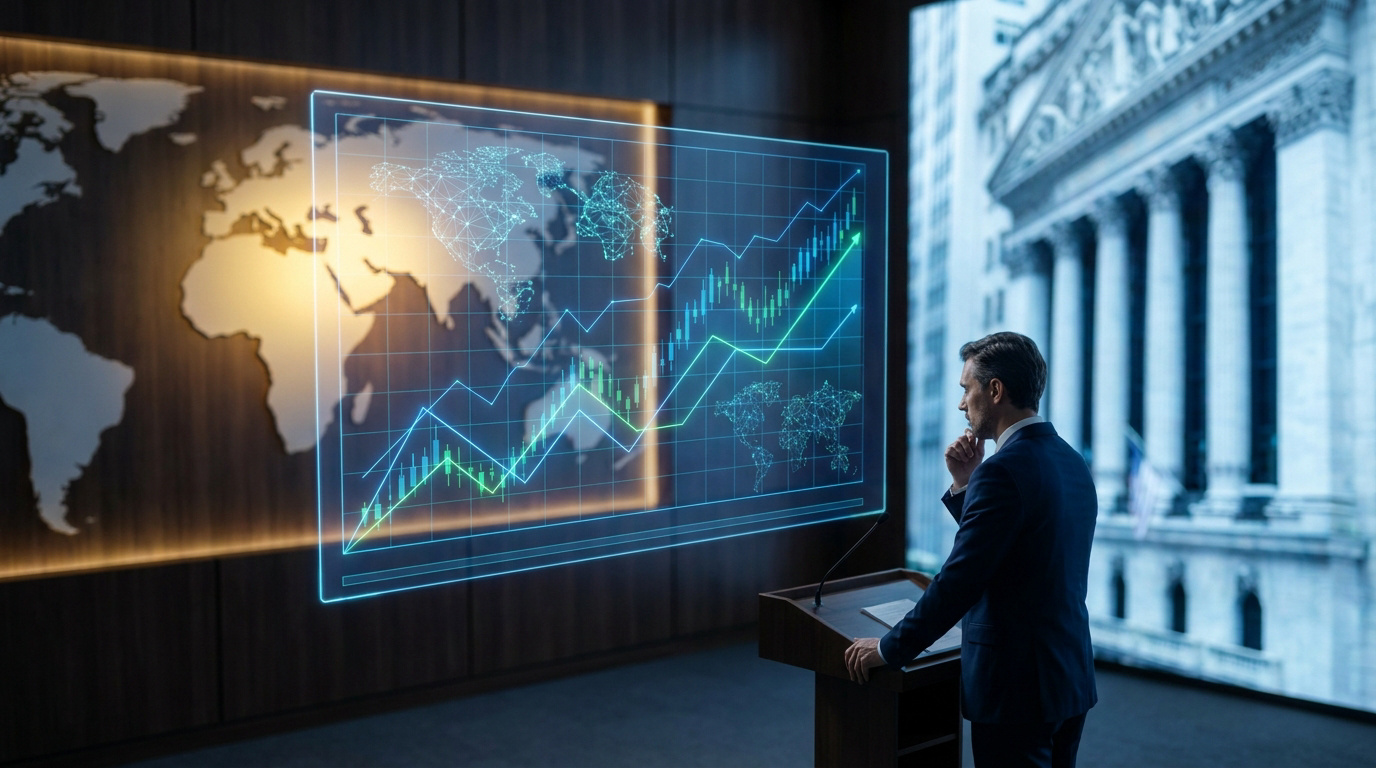 Un analyste financier en costume observe un écran holographique montrant des graphiques boursiers et une carte du monde.