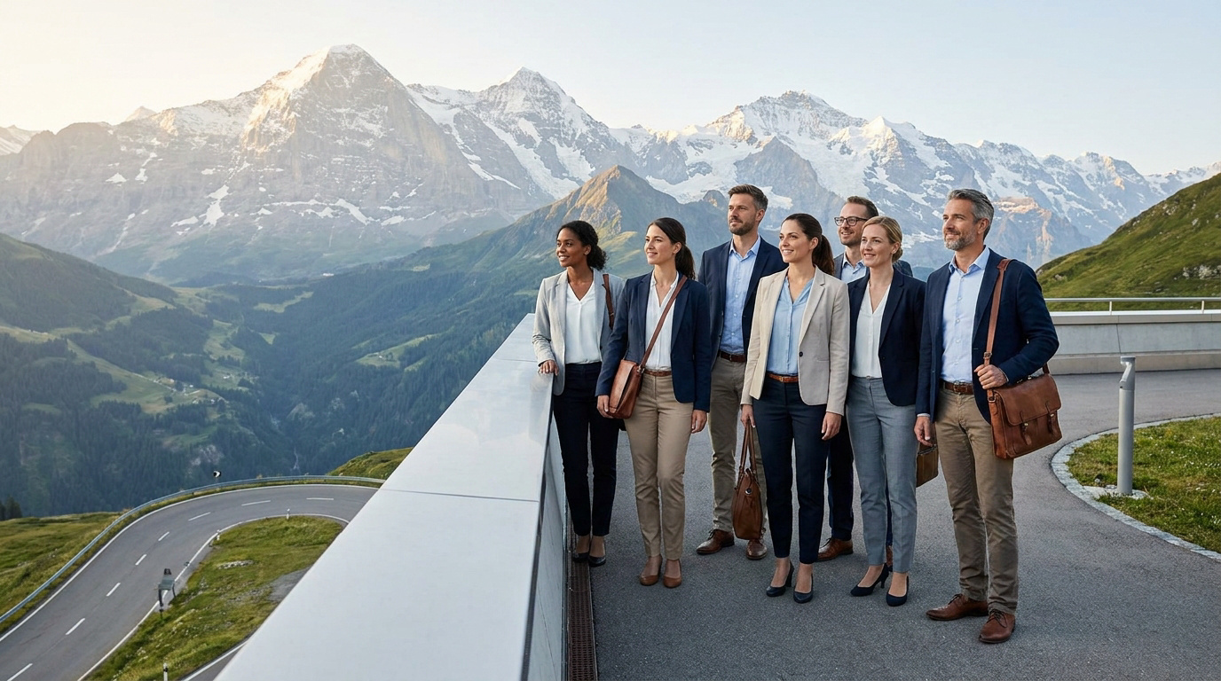 Groupe de professionnels en tenue d'affaires contemplant les Alpes suisses depuis une terrasse panoramique.