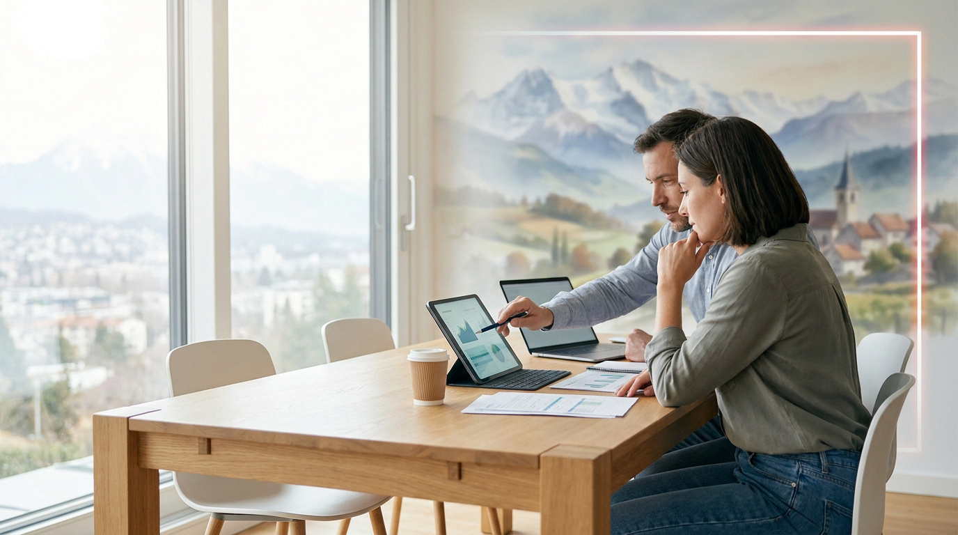 Couple étudiant des documents financiers sur une tablette dans un intérieur moderne avec vue sur les Alpes.